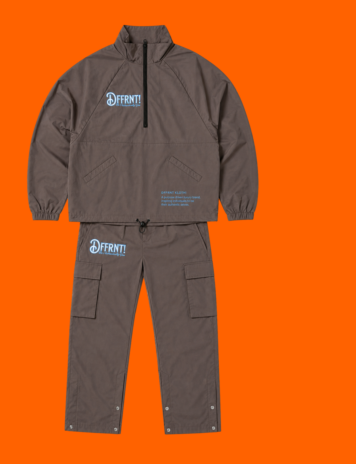 The Standard Tracksuit in brown with blue sheen and two-tone blue graphics — front view