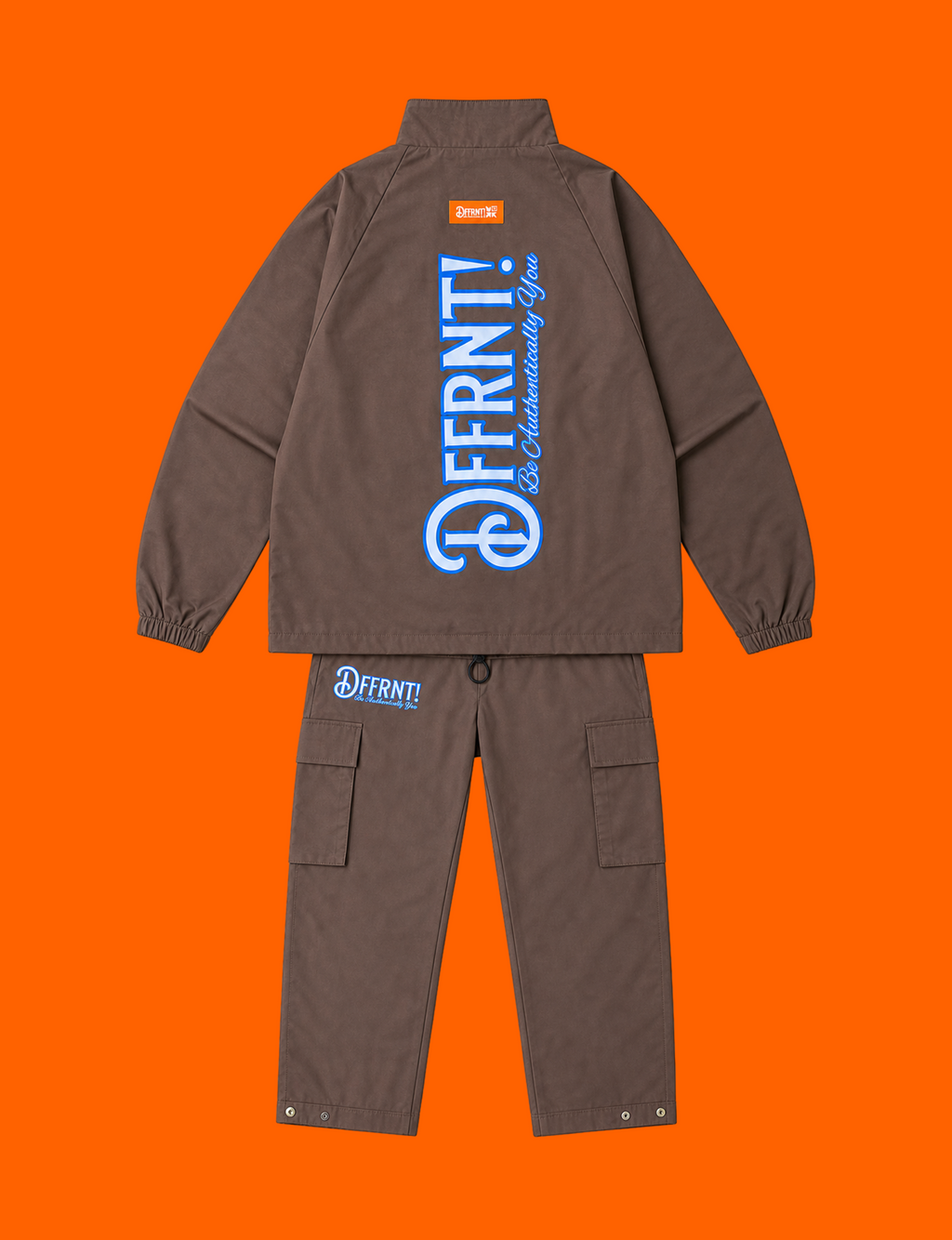 The Standard Tracksuit in brown with blue sheen and two-tone blue graphics — back view