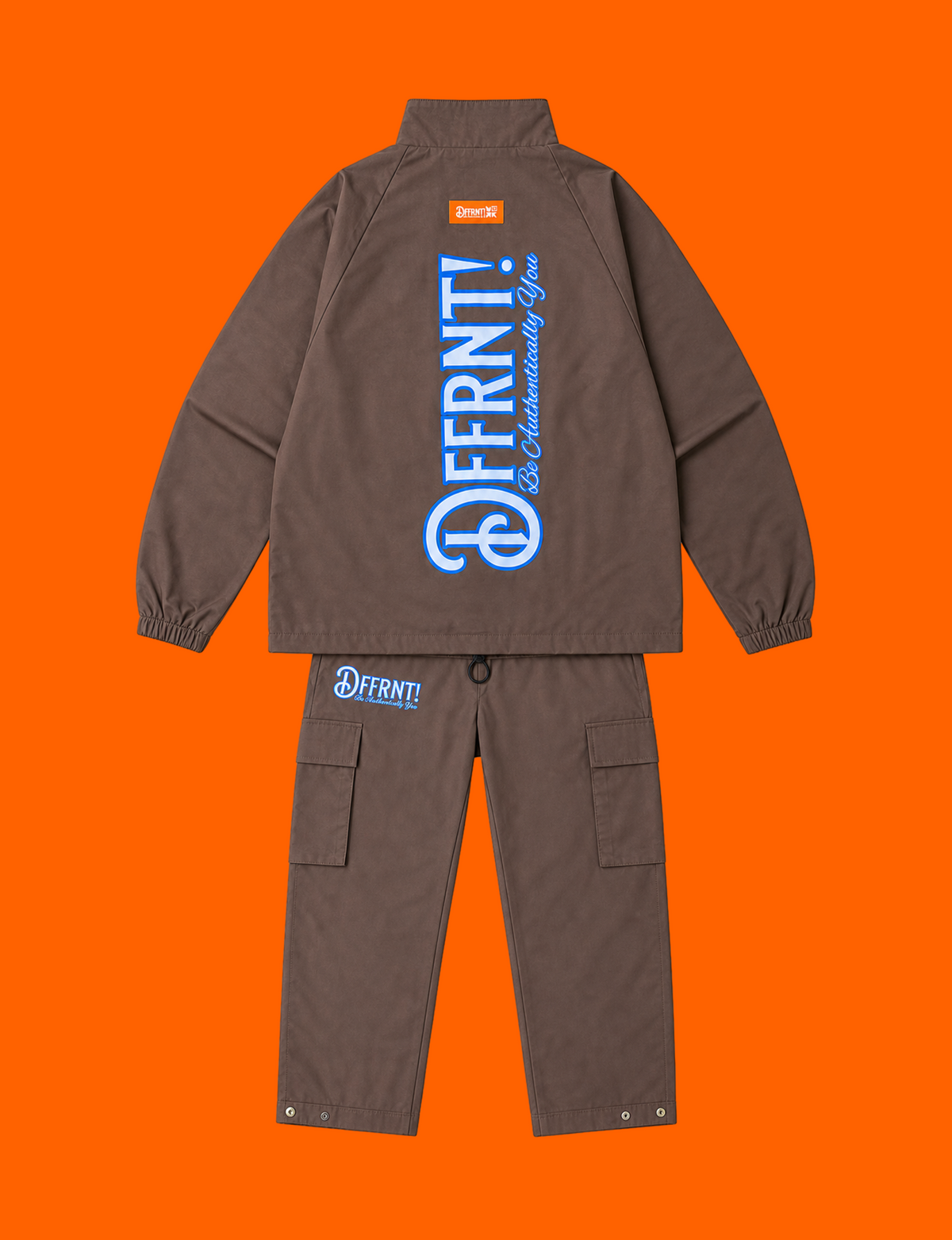 The Standard Tracksuit in brown with blue sheen and two-tone blue graphics — back view