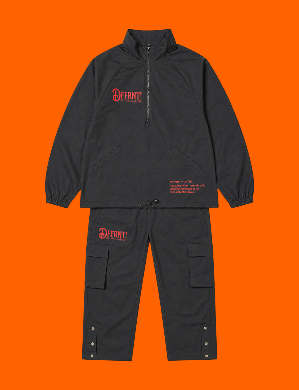 The Standard Tracksuit in black with two-tone black-and-red graphics — front view